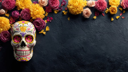 An ornate skull rests amidst vibrant flowers against a dark backdrop. The image displays a close-up composition with rich colors, including red, yellow, and white. The scene evokes a festive mood, potentially suitable for commercial projects requiring cultural or decorative elements. The overall lighting suggests a studio setting.の素材