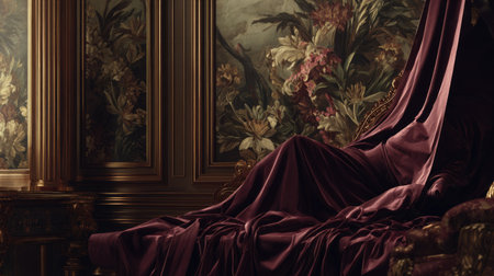 Rich velvet material drapes over a vintage bench in a detailed interior scene. The composition displays a classic style with warm tones and textural elements. The backdrop presents a floral painting in a gilded frame. Suitable for editorial projects, design elements, or visual storytelling.の素材