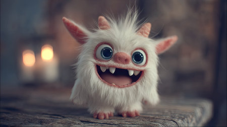 A small, fluffy creature with big, blue eyes and a wide smile is captured in a close-up shot. Its white fur contrasts with the warm, soft lighting, possibly indicating an indoor environment. This image could be used in various commercial projects, from children's products to advertising campaigns.の素材