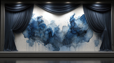 A stage setting features dark blue curtains framing a central panel. The panel showcases abstract watercolor patterns with shades of blue. The composition is formal with a focus on the interplay of color and texture. This image is suitable for use in promotional materials or as a background element.の素材