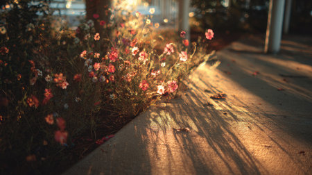 Vibrant flowers, primarily pink and red, are illuminated by sunlight creating long shadows across a wooden walkway. The soft focus and warm tones evoke a sense of tranquility. This image is suitable for various applications, including editorial content, and could be used to represent themes of nature.の素材
