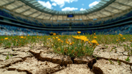 The image presents close-up of cracked, dried earth with vibrant yellow dandelions emerging. In the blurred background, a large stadium structure stands under a partly cloudy sky. The scene uses natural light, creating a sense of contrast, and could be used for editorial or conceptual projects.の素材