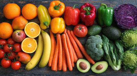 A colorful arrangement features an assortment of fresh fruits and vegetables. The composition includes oranges, peppers, tomatoes, broccoli, and other produce. The lighting highlights the various colors and textures, suggesting a fresh, healthy, and nutritious context suitable for educational or commercial purposes.の素材