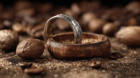 A sophisticated ring rests gracefully inside a small, wooden bowl, with the focus sharply defined. The scene is bathed in warm brown tones, with scattered coffee beans providing a tactile element. This composition suggests themes of luxury and organic materials, ideal for showcasing jewelry or promoting related products.の素材