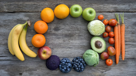 An assortment of fresh produce, including oranges, apples, bananas, and blueberries, arranged in a circular formation on a weathered wooden surface. The composition showcases a variety of textures and colors under natural lighting, suitable for illustrating health and wellness concepts. Ideal for editorial and commercial projects related to nutrition.の素材