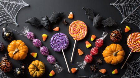 A collection of Halloween-themed objects lies on a dark background. Included are miniature pumpkins, colorful lollipops, candies, and bat figures. Decorative spiderwebs are also visible. The composition features overhead lighting, showcasing vibrant colors and diverse textures, suitable for festive promotions and holiday-themed content.の素材