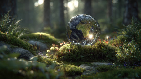 A glass globe rests amidst lush greenery, likely in a forest setting. The image highlights the globe's reflection and intricate details, enhanced by sunlight filtering through the trees. This visual could be used for ecological, environmental, or global awareness campaigns, or as conceptual imagery.の素材
