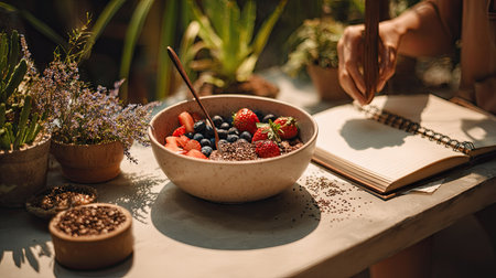 A breakfast bowl filled with various fresh berries and seeds sits on a wooden surface. The composition highlights a natural aesthetic with overhead sunlight. The scene suggests a healthy eating concept, suitable for culinary blogs, food photography, and advertising materials.の素材