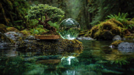 A small bonsai tree rests on a moss-covered rock alongside a crystal ball, both positioned in a serene water setting. The image showcases a lush, green forest with reflective surfaces. The composition suggests a peaceful atmosphere and could be used for various nature-related projects or conceptual designs.の素材