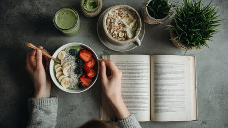 An overhead view captures a healthy breakfast bowl filled with fruit alongside a cup of coffee and an open book. The composition uses natural light, showcasing vibrant colors and textures. This image may be used to illustrate articles about wellness, healthy eating habits, or lifestyle choices, in a commercial setting.の素材