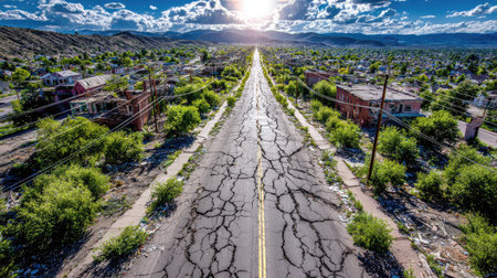 An aerial perspective showcases a long road cracking through a suburban environment. The image captures the road stretching towards the bright sunlight. Green vegetation and scattered buildings flank the road. The composition and lighting may be useful for various commercial projects.の素材