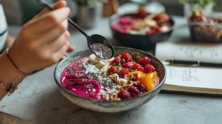 A person prepares a vibrant breakfast bowl with various fruits and toppings. The composition features close-up shots of fresh ingredients, showcasing bright colors and textures. Natural light illuminates the scene, suggesting an indoor setting, suitable for health, diet, and food-related editorial or commercial projects.の素材
