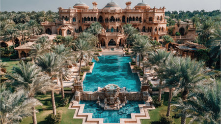 A grand resort building features a large swimming pool surrounded by lush palm trees. The architecture displays ornate details and warm, earthy tones. The image is captured in daylight, with clear blue skies. This scene could be used for travel, tourism, or luxury lifestyle content.の素材