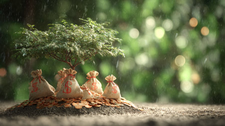 A digitally created image presents a money tree with coin-filled bags beneath its canopy. Warm lighting illuminates the scene with a soft focus on the background of green foliage. This image could be suitable for illustrating themes of financial growth, investments, and economic prosperity in diverse applications.の素材