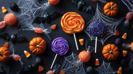 An overhead arrangement showcases various Halloween-themed treats. Pumpkins, lollipops, and candy corn are displayed amongst decorative spider webs and bat silhouettes. The composition features a dark background with high-angle lighting, offering potential use for holiday-themed promotional content and design projects.の素材