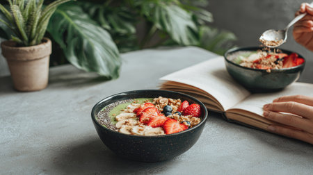 Two bowls filled with vibrant fruit and granola are presented on a gray tabletop. The composition features fresh strawberries, bananas, and other ingredients. A hand holds a spoon, suggesting a focus on nutrition. Suitable for culinary publications and health-related marketing materials.の素材