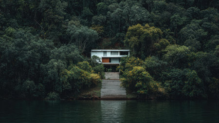 A two-story building sits in a serene environment surrounded by dense greenery. The image showcases a modern architectural style with a white exterior. The composition features a pathway leading to the building from the water, with various shades of green. This image would be suitable for architectural design or landscape editorials.の素材