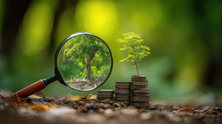 An eye-level shot displays a magnifying glass focusing on a tree, with a small plant atop stacked coins. The composition features a shallow depth of field, and the background is a blurred view of lush green foliage. Suitable for conceptual projects related to growth, nature, or financial investment; ideal for various commercial and editorial applications.の素材