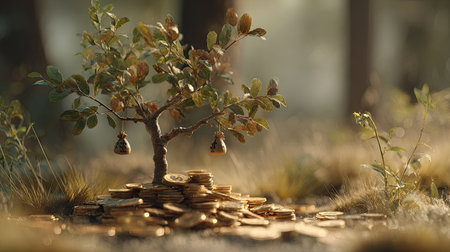 A money tree illustration stands amidst nature, adorned with bells and resting atop a pile of coins. The scene features soft lighting, with muted greens and browns dominating the color palette. The style is illustrative, suggesting potential uses in financial or economic contexts. It evokes concepts like growth, investment, or success.の素材