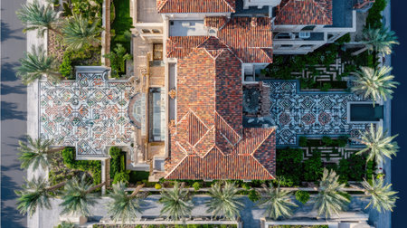An aerial perspective shows a large villa with a terracotta tile roof. The architecture showcases a patterned outdoor space and swimming pool. Palm trees and landscaped gardens surround the building, and the lighting suggests a sunny day. This image is suitable for commercial use related to real estate or design.の素材