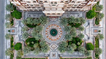 An aerial perspective reveals a meticulously designed courtyard dominated by intricate mosaic patterns and lush greenery. Palm trees punctuate the space, adding a touch of nature to the precise geometric layout. The composition, bathed in natural light, suggests a luxurious environment, suitable for various commercial applications.の素材