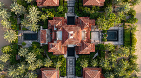 This image captures an aerial view of several villas featuring red-tiled roofs and symmetrical layouts. The structures are surrounded by lush greenery and symmetrical pathways. The composition emphasizes architectural design and landscaping. Suitable for various commercial applications, the image presents a sense of luxury and design.の素材
