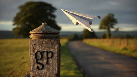 A paper airplane flies gracefully above a wooden post bearing the initials "gp" in a tranquil outdoor setting. The image showcases a country road leading towards a blurred background, possibly a late afternoon, with sunlight illuminating the scene. This could be used for presentations or illustrations.の素材