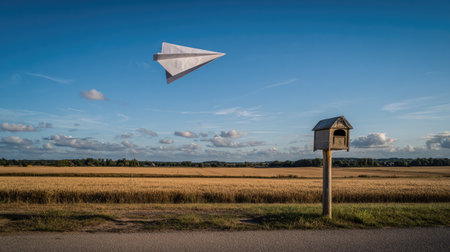 A paper airplane floats above a field and a wooden mailbox under a vibrant blue sky. The image exhibits a wide shot, with an open landscape in the background. The composition features natural lighting, highlighting the paper plane's white and gray tones. Suitable for concepts related to communication, travel, or freedom.の素材