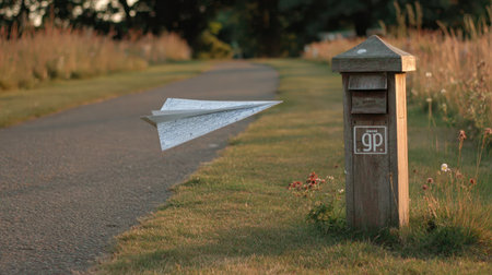 A paper airplane flies past a wooden mailbox on an asphalt path, alongside a grassy area. The image features natural lighting, with warm tones from the sunlight. The composition suggests an outdoor setting, potentially a park or field. It is suitable for various commercial and editorial uses related to communication and concepts.の素材