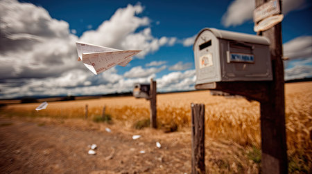 A paper airplane flies near a weathered mailbox, set against a backdrop of a vibrant blue sky filled with clouds. The scene features a shallow depth of field, with soft focus on the distant wheat field. This image could be used for editorial content or visual storytelling purposes.の素材