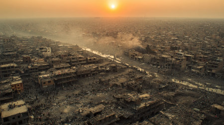An overhead shot captures a destroyed urban environment under a dusky sunset. The image presents a scene of widespread damage with buildings in ruins. Colors consist of subdued browns and oranges, creating a somber mood. The composition may be used for projects related to environmental issues or disaster themes.の素材