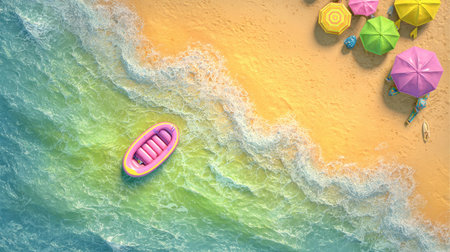 An overhead view displays a sandy beach meeting the ocean. Colorful umbrellas provide shade on the sand while a small pink boat floats near the shore. The scene utilizes bright colors, suggesting a sunny day and offering a playful, inviting aesthetic suitable for diverse commercial and editorial projects.の素材