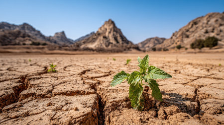 A small green plant emerges from cracked, arid earth under a clear blue sky. The image showcases the textured, dry landscape with visible fissures, while blurred mountains offer a distant backdrop. The lighting suggests a bright, sunny day. This scene is suitable for illustrating environmental concerns or concepts of survival.の素材