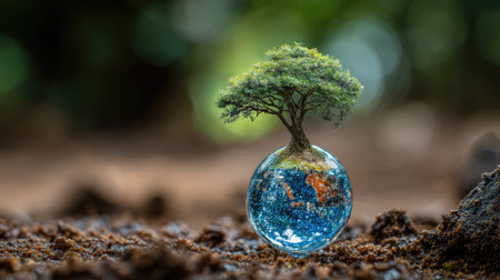 A digitally rendered image showcases a tree growing from a translucent Earth globe. The composition features a close-up perspective with the blurred backdrop suggesting an outdoor environment. Earth's surface is visible. The style is illustrative, with soft focus. This image can be used for themes related to conservation and ecology.の素材