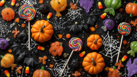 An overhead composition showcases an assortment of Halloween themed objects. Miniature orange pumpkins, colorful lollipops and various candies are arranged atop a dark surface. Spider webs and bat shapes add to the decorative theme. The image could be used for holiday-themed advertisements or editorial content.の素材