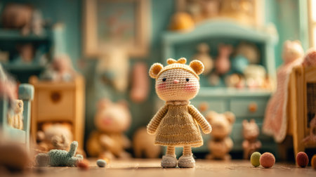A crocheted doll stands in a brightly lit playroom, with a soft beige color and a gentle expression. The composition includes other toys and furniture pieces in the background, contributing to the overall soft, cozy aesthetic. It suggests potential use in commercial projects related to children's products and lifestyle.の素材