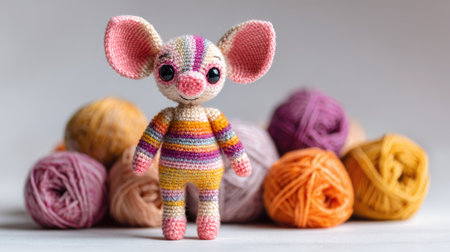 A handcrafted mouse figure with large ears and striped clothing stands in front of a collection of yarn. The composition features soft lighting and a blurred background. The image could be used for various commercial or editorial purposes, such as illustrating crafts or children's content.の素材