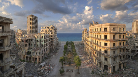 An overhead view showcases a city in ruins, where damaged buildings line a road leading to the sea. The composition highlights the juxtaposition of destruction and the natural beauty of the ocean. The style appears realistic, with muted colors and overcast lighting setting a somber tone, potentially suitable for various editorial or illustrative uses.の素材