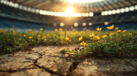 A field of yellow wildflowers flourishes in the foreground with an out-of-focus stadium structure in the background. The image presents a vibrant display of colors and textures, under warm, bright lighting. The composition suggests a hopeful, natural environment. Suitable for themes related to growth and change.の素材