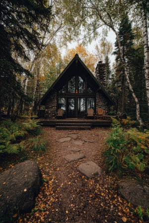 A-frame cabin nestled in a forest, path leading to the front door. Autumn colorsの素材