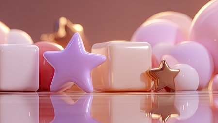 Pastel-colored 3D rendered shapes, including cubes, stars, and spheres, on a reflective surfaceの素材