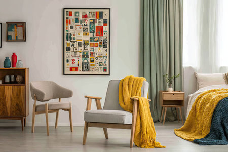 Cozy room with two chairs, art, wooden furniture, and draped blanketの素材