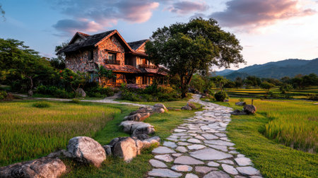 A stone house is nestled amidst a vibrant green meadow with a winding stone pathway leading towards it. The composition features a natural setting, with a large tree, and a mountainous backdrop. The lighting suggests either early morning or late afternoon with a warm glow. This image could be used for real estate, travel, or lifestyle concepts.の素材