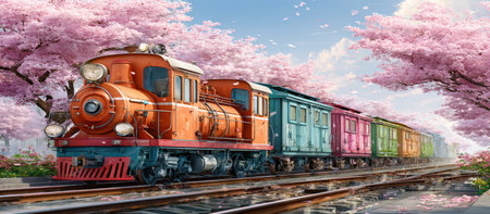 An orange train with colorful cars travels through a path lined by blossoming pink treesの素材