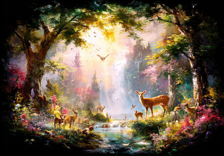 A vibrant forest scene with deer, a waterfall, and sunlight filtering through treesの素材