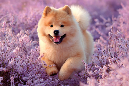 Fluffy golden dog joyfully runs through a field of purple flowers, smiling at the viewerの素材
