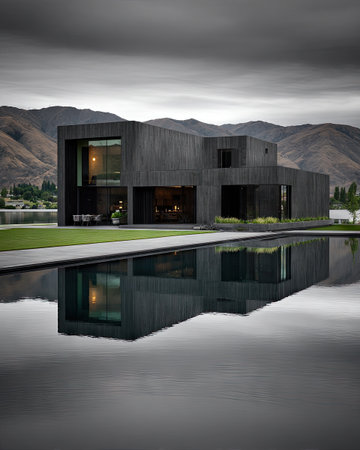 A modern, charcoal-colored house floats on a reflecting pool, backed by mountainsの素材