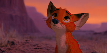 Animated fox with orange fur looks upwards in a sunset desert settingの素材