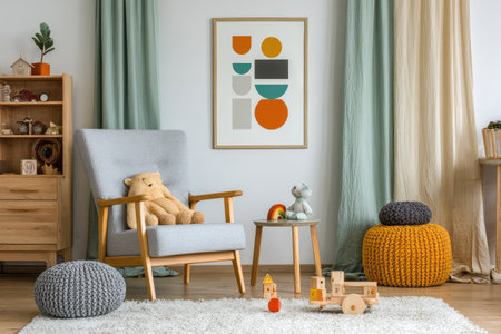 Cozy nursery setup with an armchair, rug, wooden furniture, artwork, and toysの素材