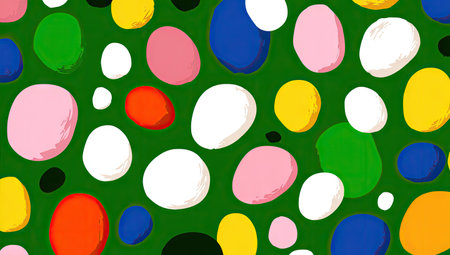 Colorful, overlapping oval shapes, varied in size, scattered on a dark green backgroundの素材